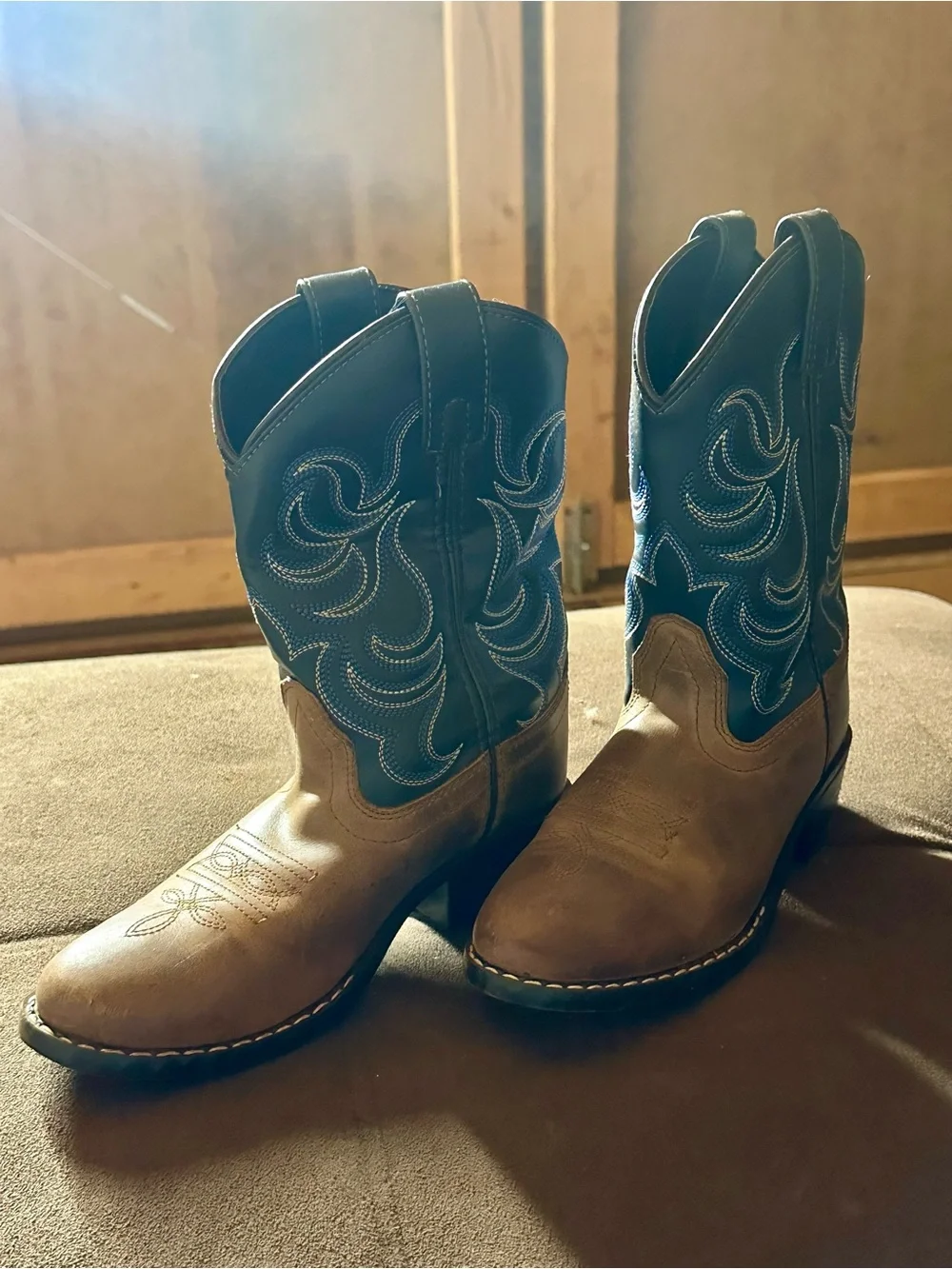 Kids Brown Western Cowboy Boots with Blue Shaft Accent